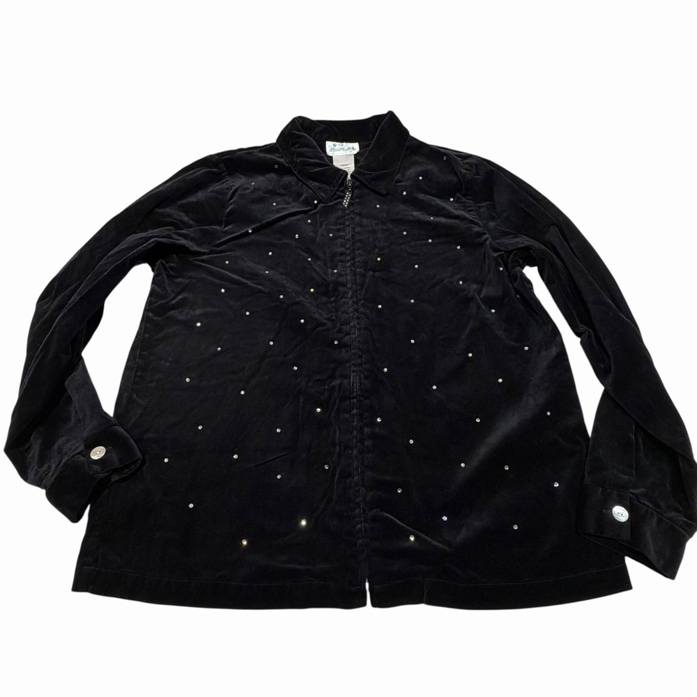 Quacker Factory Jacket Womens Sz L Black Velvet Rhinestone Long Sleeves Top Zip